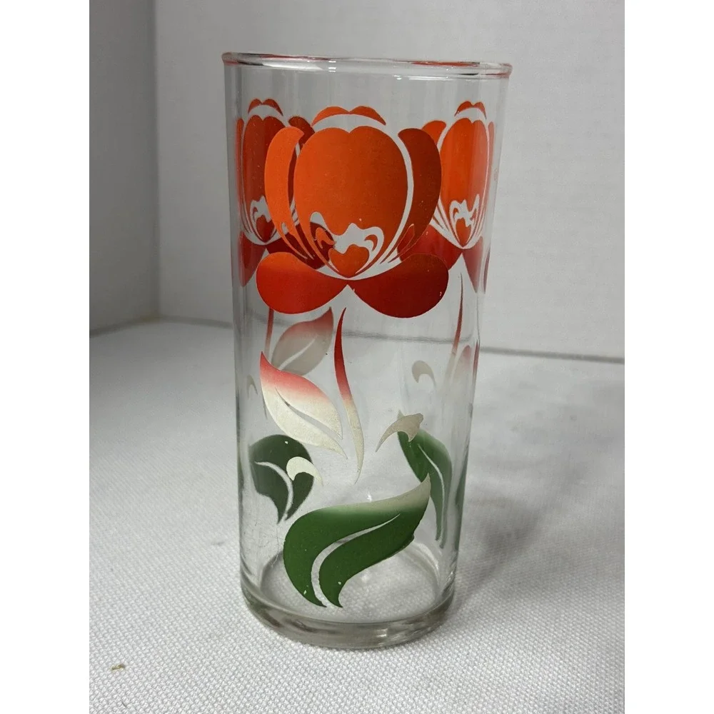 MCM Clear‎ Red Orange Tulip Green Leaf Juice Glass